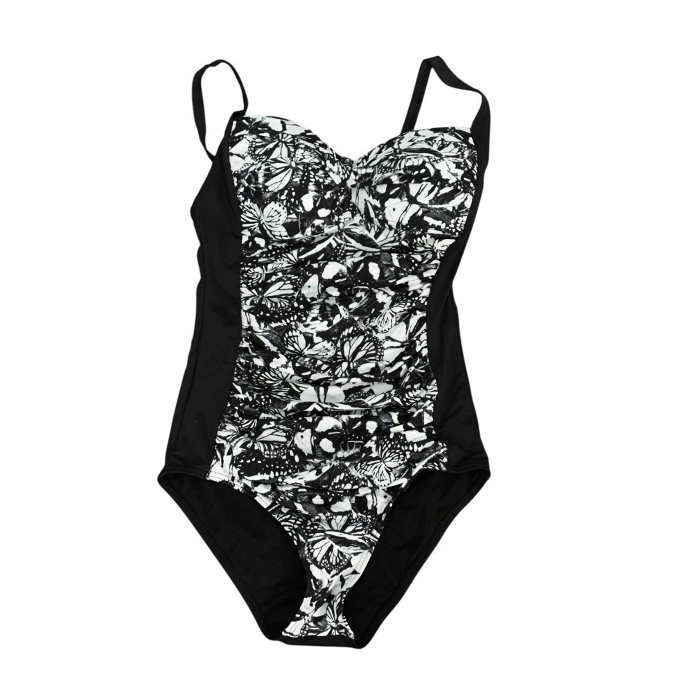 Butterfly‎ Print One Piece Swimsuit Ruched Tummy Control Black White